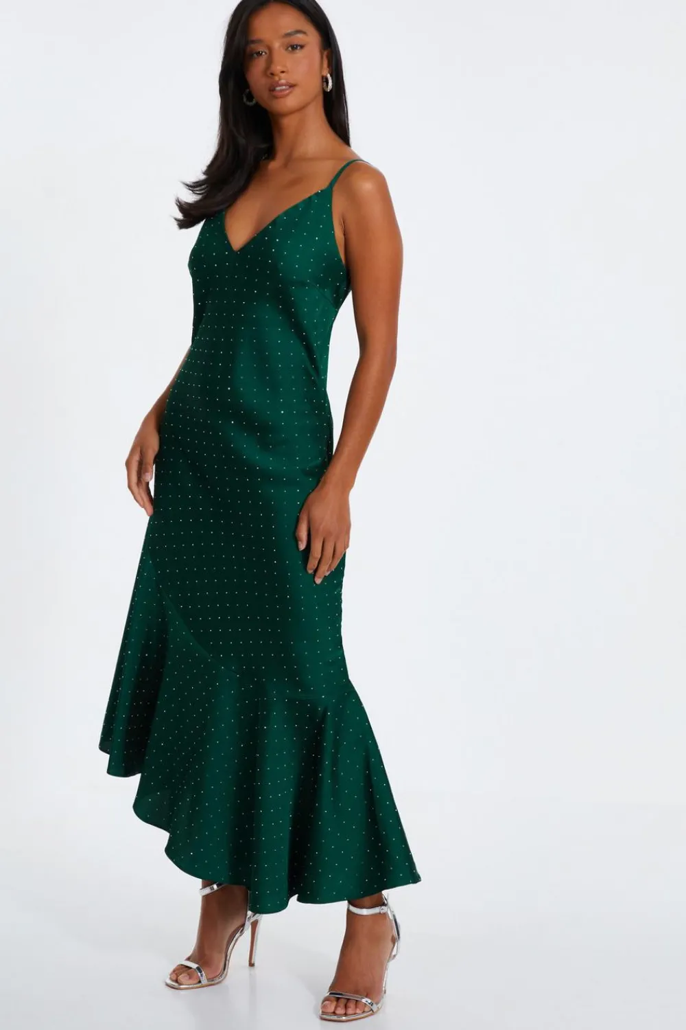 Quiz Prom Dresses|Evening Dresses>Petite Bottle Green Satin Asymmetric Midaxi Dress