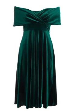 Quiz Prom & Ball|Evening Dresses>Petite Bottle Green Velvet Bardot Midi Dress