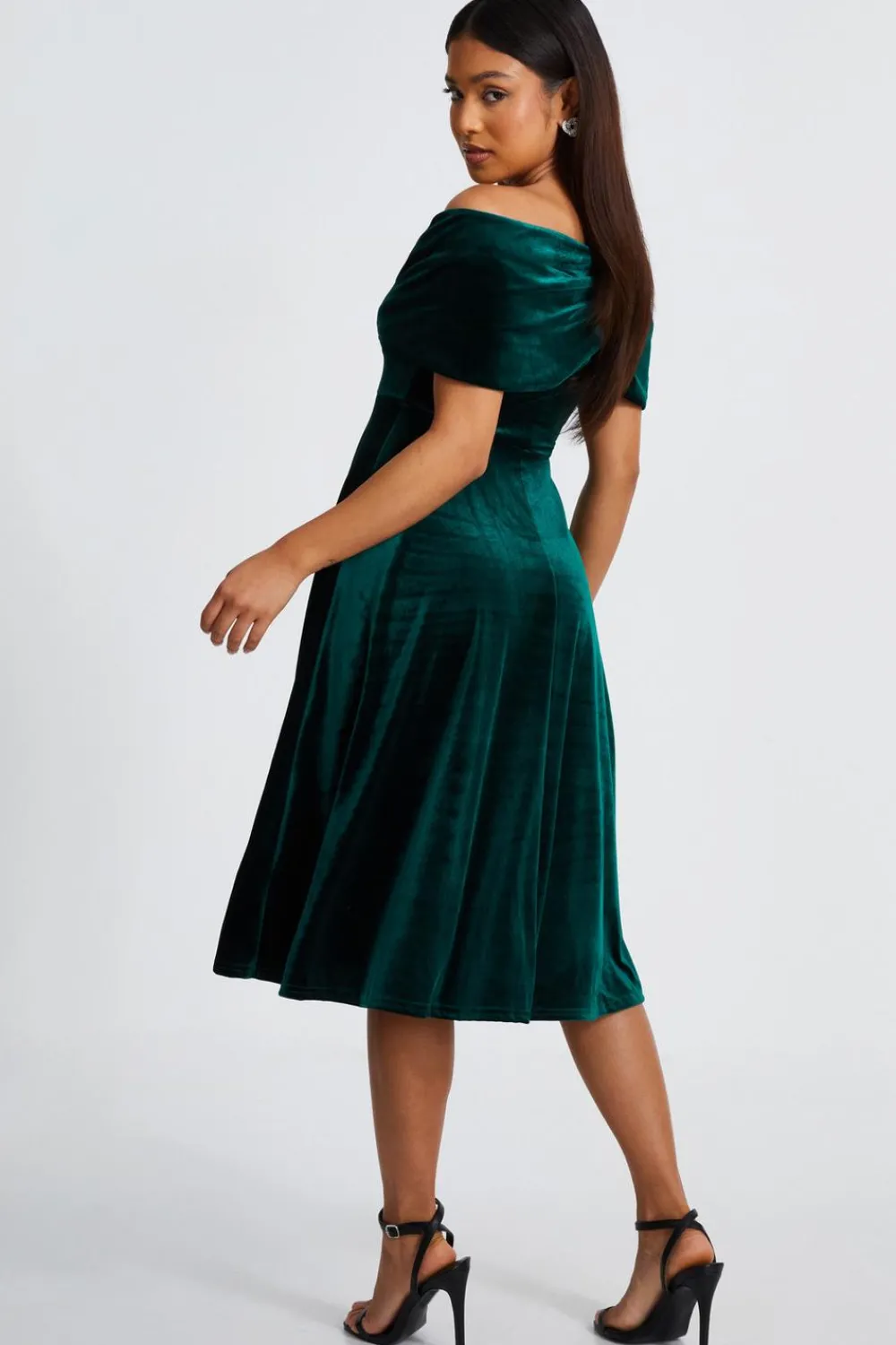 Quiz Prom & Ball|Evening Dresses>Petite Bottle Green Velvet Bardot Midi Dress