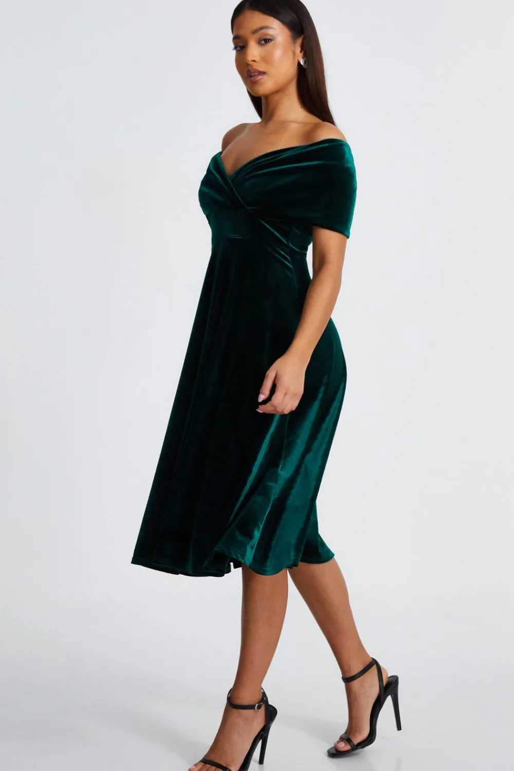 Quiz Prom & Ball|Evening Dresses>Petite Bottle Green Velvet Bardot Midi Dress