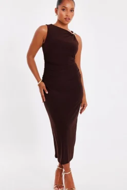 Quiz Going Out|Dresses>Petite Brown Gold Buckle Midaxi Dress