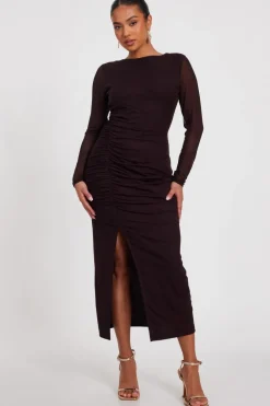 Quiz Modest|Going Out>Petite Brown Mesh Long Sleeve Midaxi Dress