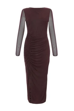 Quiz Modest|Going Out>Petite Brown Mesh Long Sleeve Midaxi Dress
