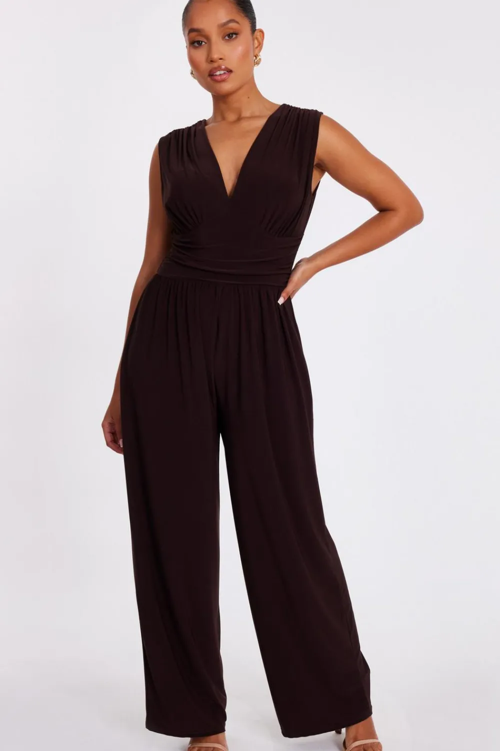 Quiz Going Out Jumpsuits|Evening Jumpsuits>Petite Brown Ruched Jumpsuit