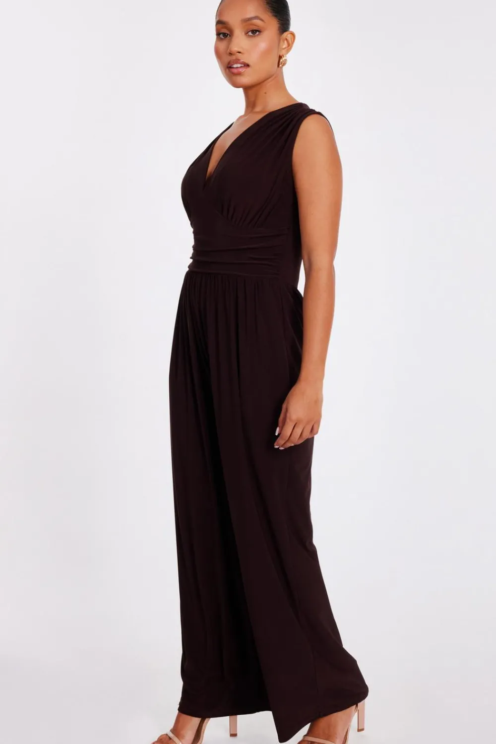Quiz Going Out Jumpsuits|Evening Jumpsuits>Petite Brown Ruched Jumpsuit