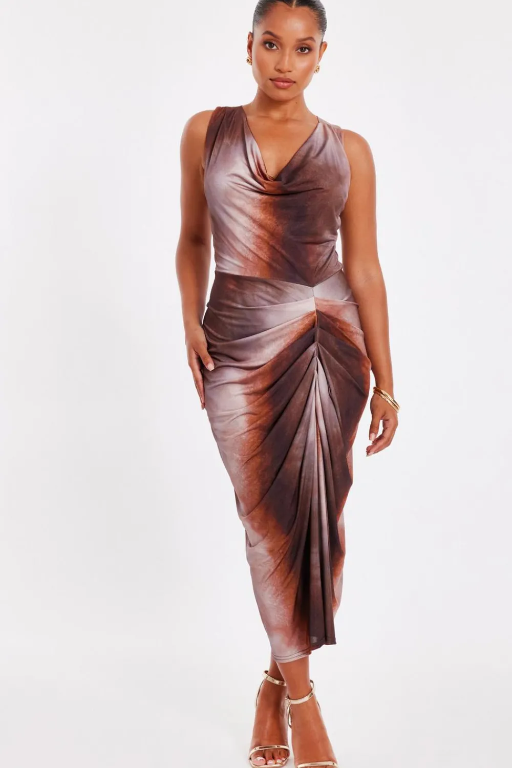Quiz Going Out|Dresses>Petite Brown Ruched Side Midi Dress