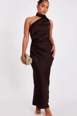 Quiz Prom Dresses|Prom & Ball>Petite Brown Satin Wrap Neck Maxi Dress