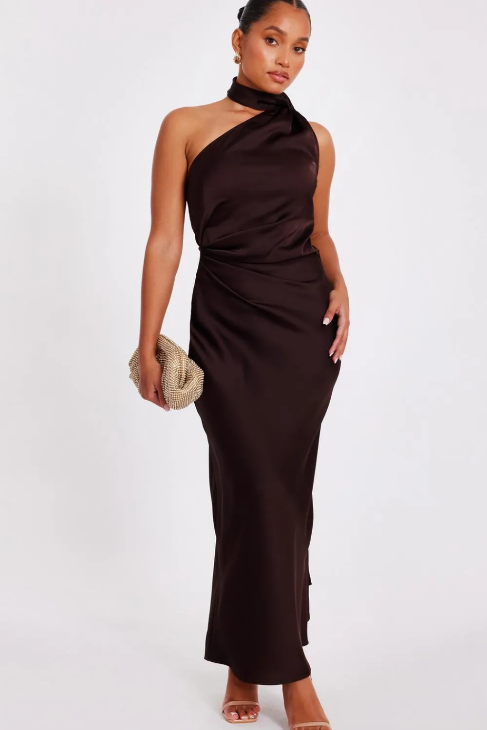 Quiz Prom Dresses|Prom & Ball>Petite Brown Satin Wrap Neck Maxi Dress