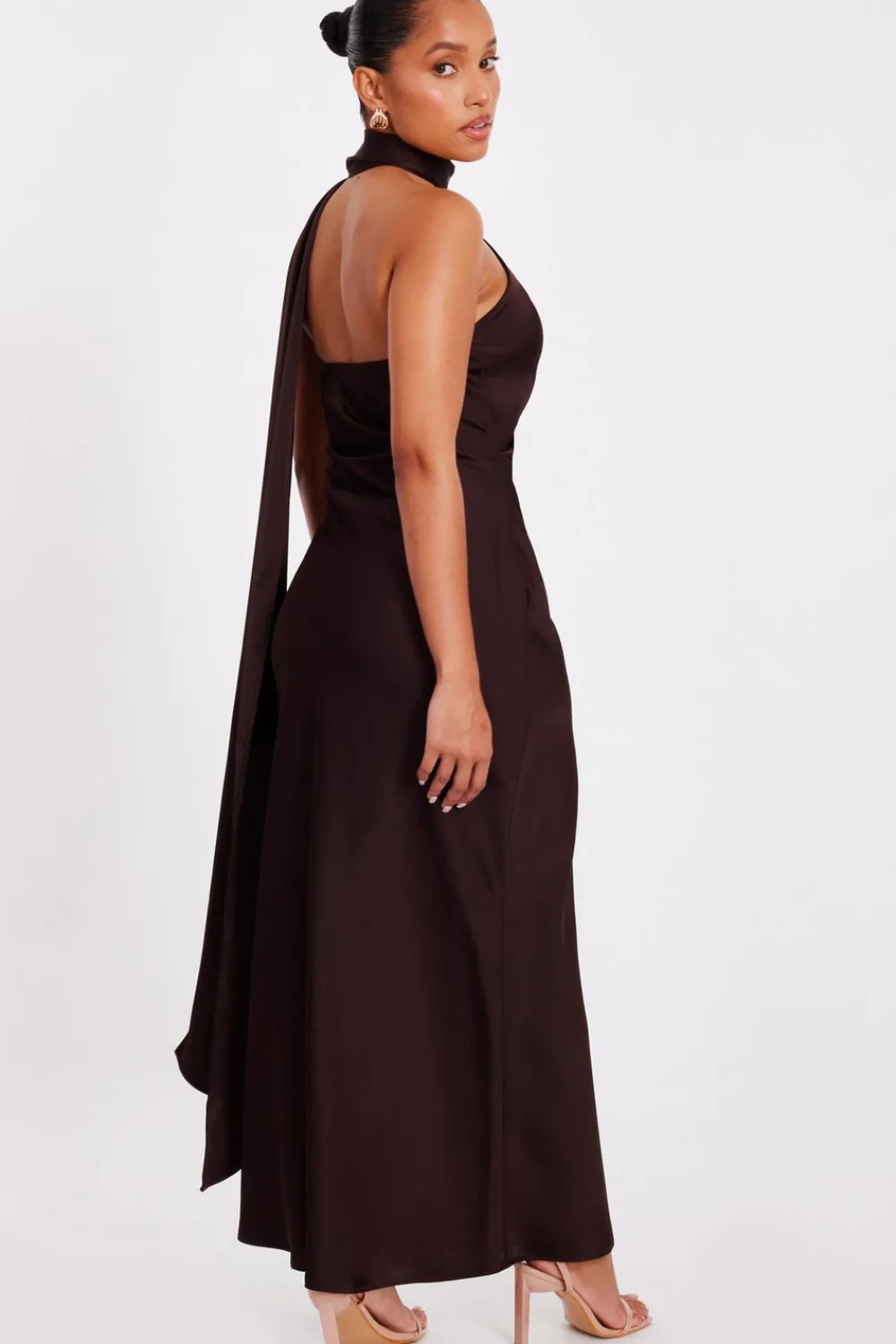 Quiz Prom Dresses|Prom & Ball>Petite Brown Satin Wrap Neck Maxi Dress