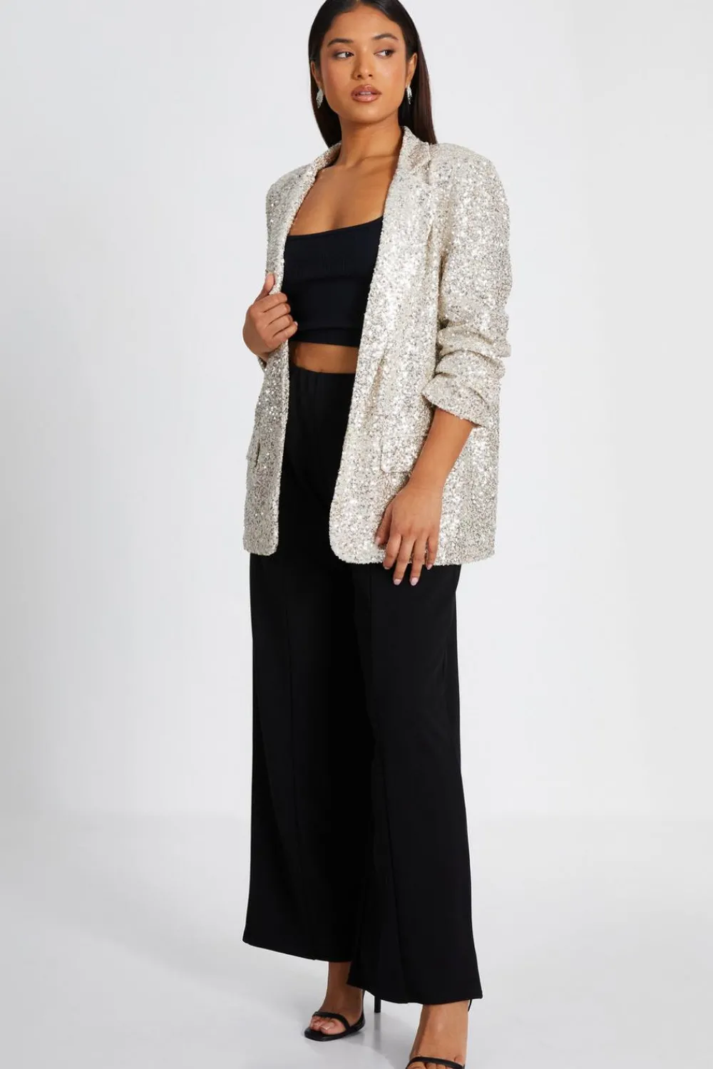 Quiz Jackets & Coats|Blazers>Petite Champagne Sequin Ruched Blazer