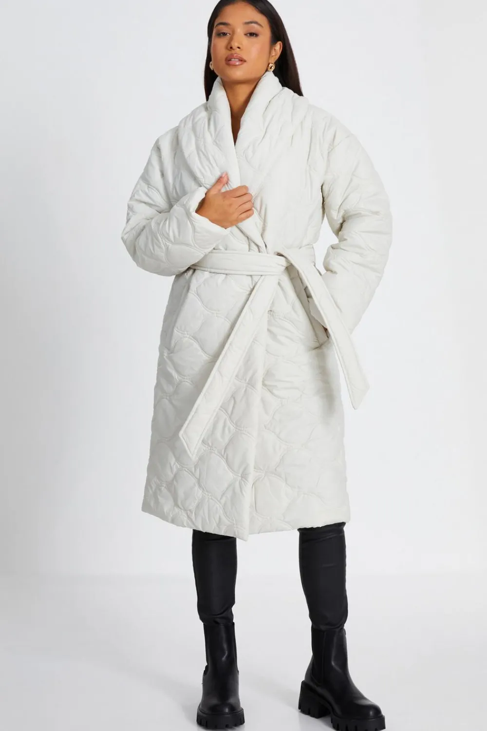 Quiz Jackets & Coats|Casual Clothing>Petite Cream Quilted Long Line Coat