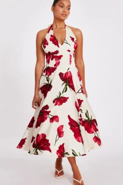 Quiz Day At The Races|Florals>Petite Cream Satin Rose Print Midi Dress