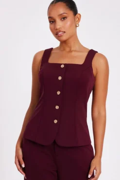 Quiz Waistcoat|Going Out Tops>Petite Dark Red Button Front Waistcoat