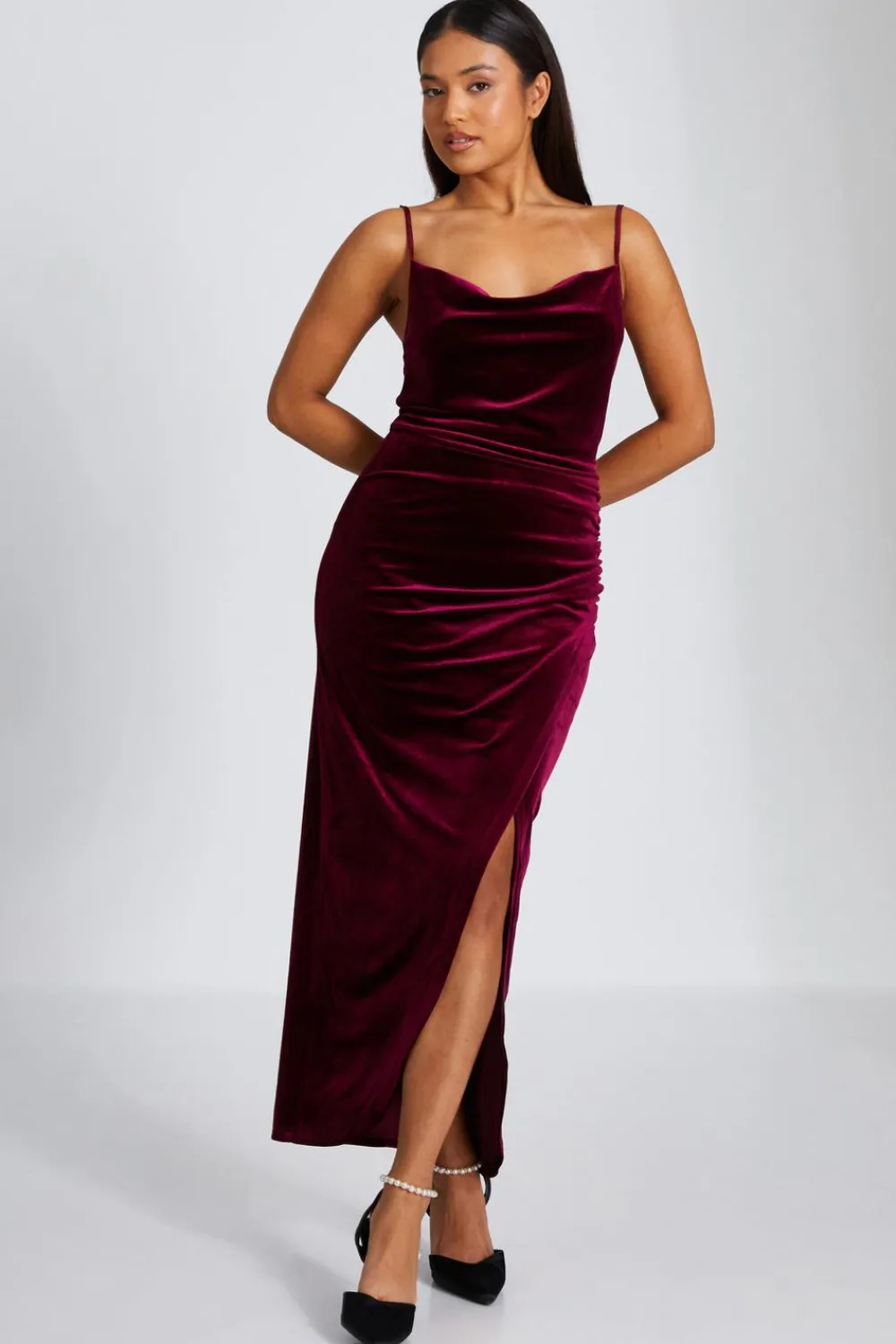 Quiz Evening Dresses|Trending: Red>Petite Dark Red Cowl Neck Midaxi Dress