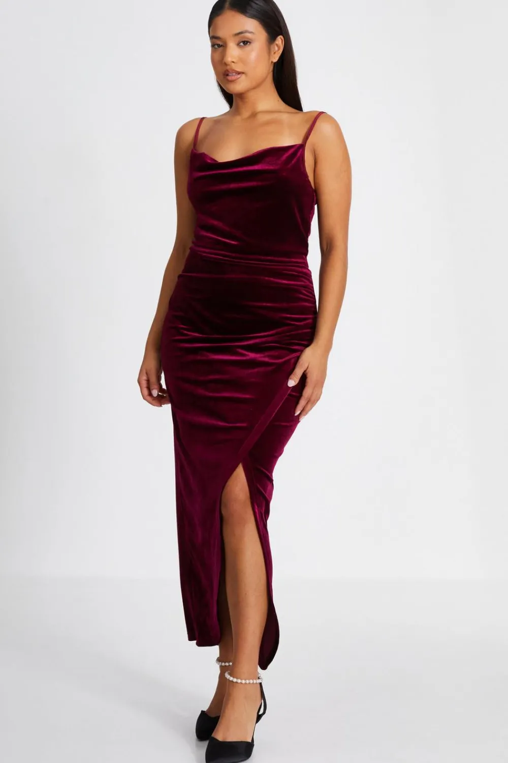 Quiz Evening Dresses|Trending: Red>Petite Dark Red Cowl Neck Midaxi Dress