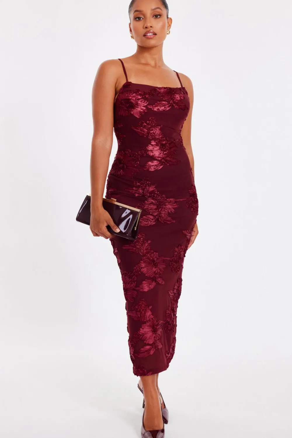 Quiz Day At The Races|Christening Guest>Petite Dark Red Floral Applique Midaxi Dress