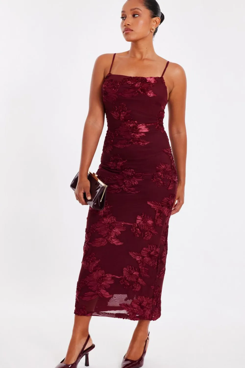 Quiz Day At The Races|Christening Guest>Petite Dark Red Floral Applique Midaxi Dress