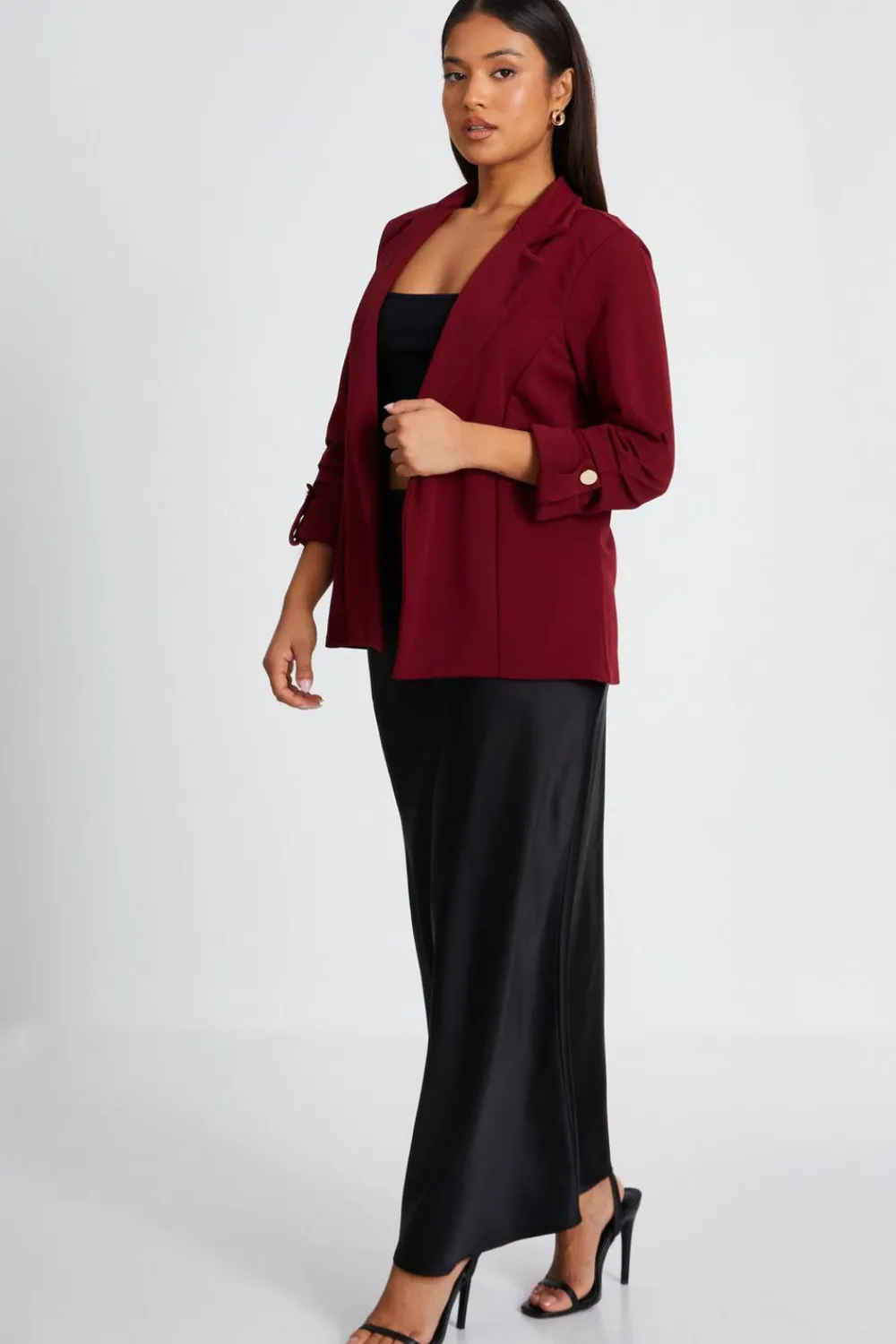 Quiz Workwear|Trending: Red>Petite Dark Red Ruched Sleeve Blazer