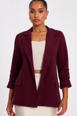 Quiz Workwear|Trending: Red>Petite Dark Red Ruched Sleeve Blazer