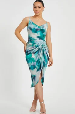 Quiz Evening Dresses|Day At The Races>Petite Green Satin Marble Print Midi Dress
