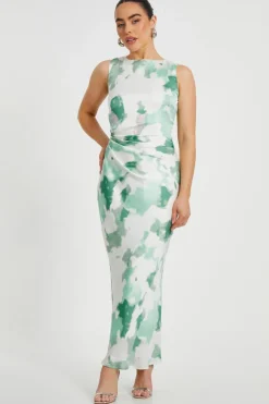 Quiz Day At The Races|Christening Guest>Petite Green Satin Marble Midaxi Dress