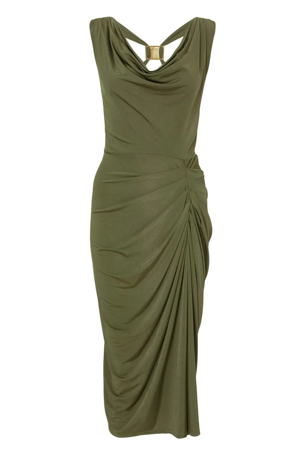 Quiz Day At The Races|Christening Guest>Petite Khaki Cowl Neck Midi Dress