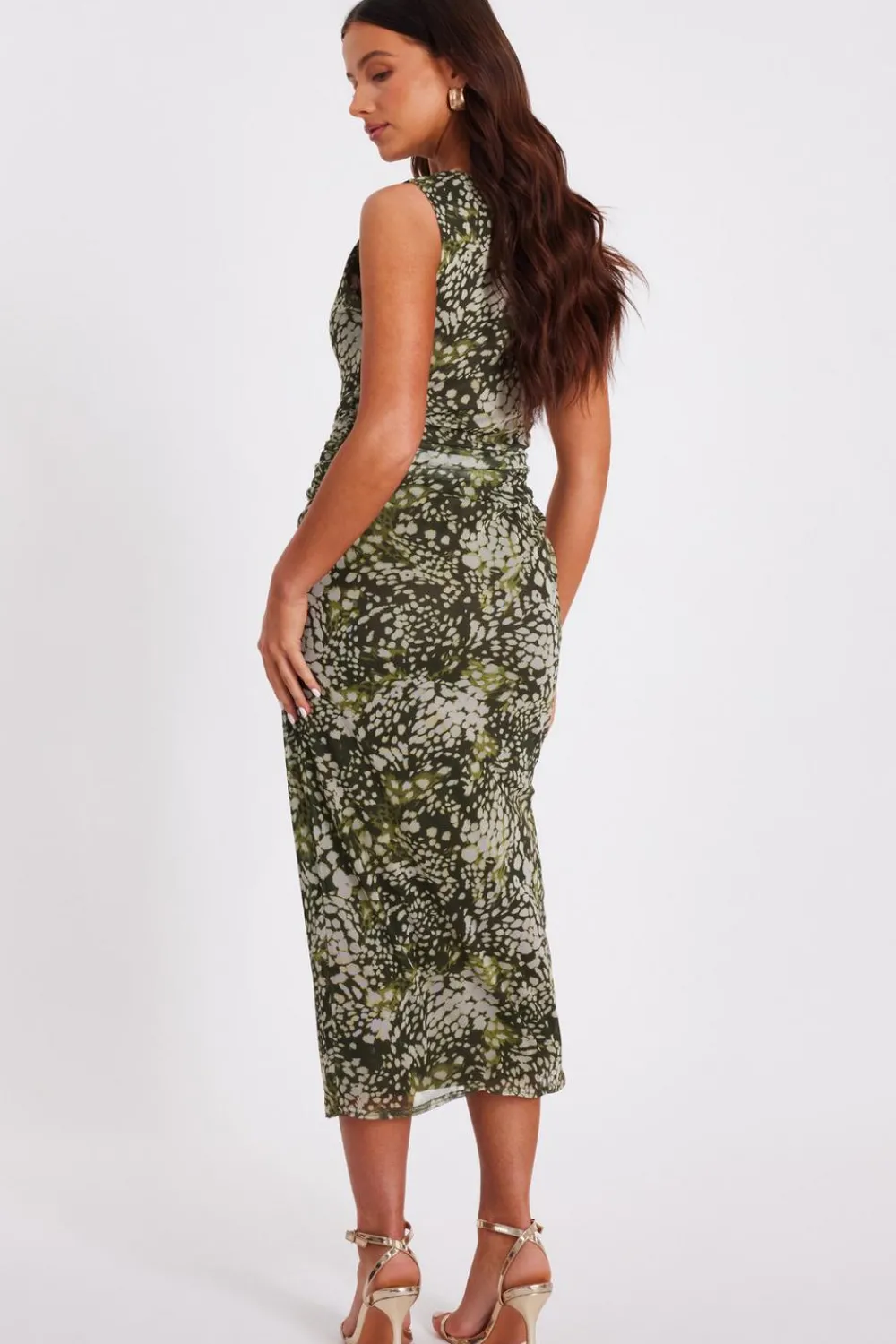 Quiz Going Out|Dresses>Petite Khaki Mesh Animal Print Midaxi Dress