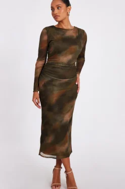 Quiz Going Out|Dresses>Petite Khaki Printed Long Sleeve Midaxi Dress