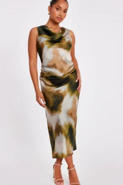 Quiz Day At The Races|Christening Guest>Petite Khaki Satin Printed Midaxi Dress