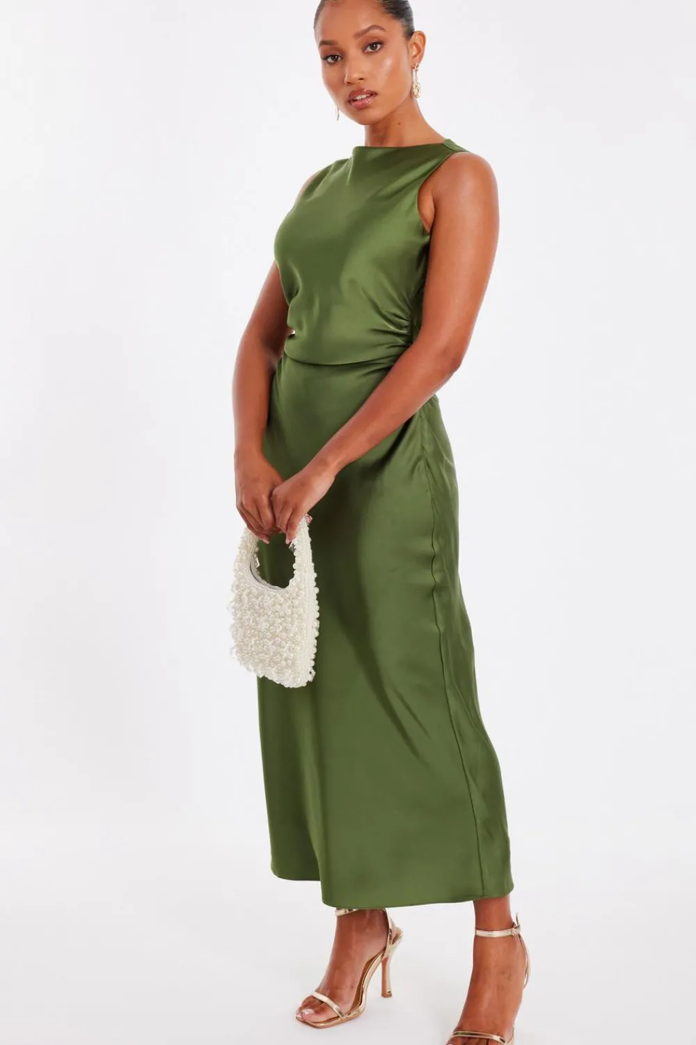 Quiz Day At The Races|Christening Guest>Petite Khaki Satin Ruched Midi Dress