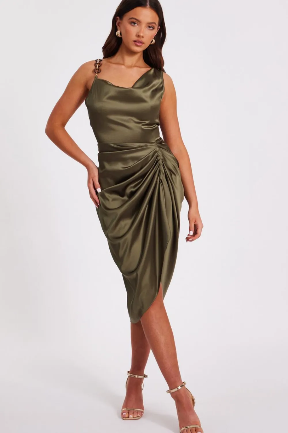 Quiz Day At The Races|Christening Guest>Petite Khaki Satin Ruched Midi Dress