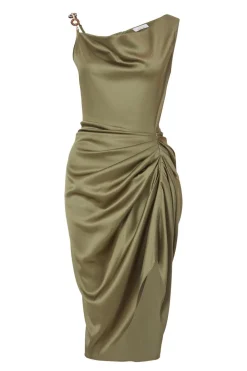Quiz Day At The Races|Christening Guest>Petite Khaki Satin Ruched Midi Dress