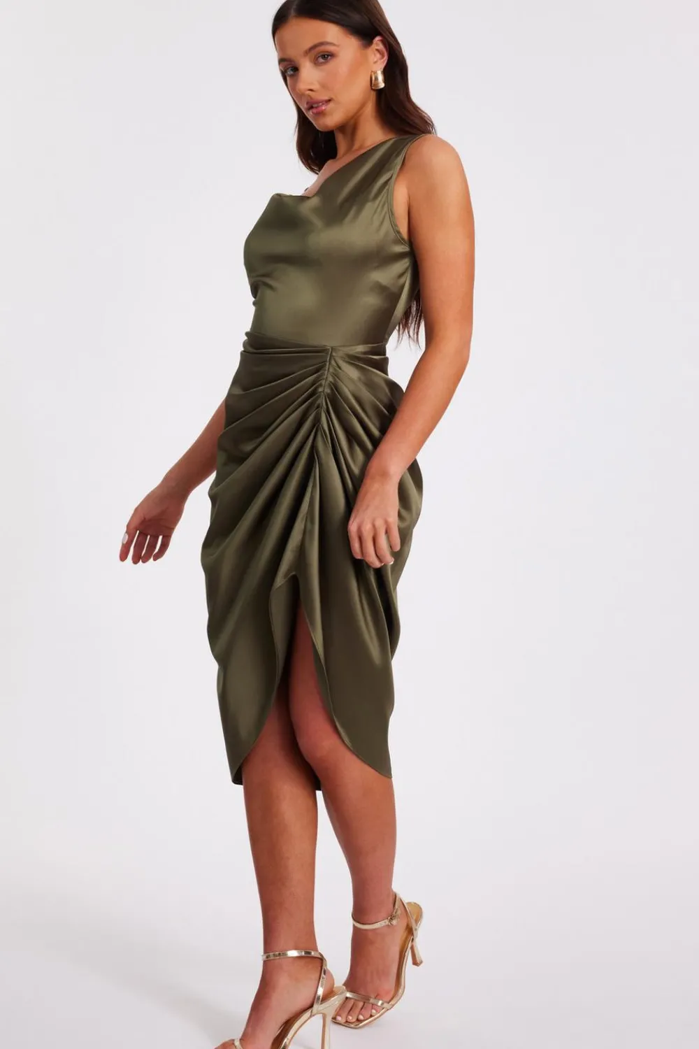 Quiz Day At The Races|Christening Guest>Petite Khaki Satin Ruched Midi Dress
