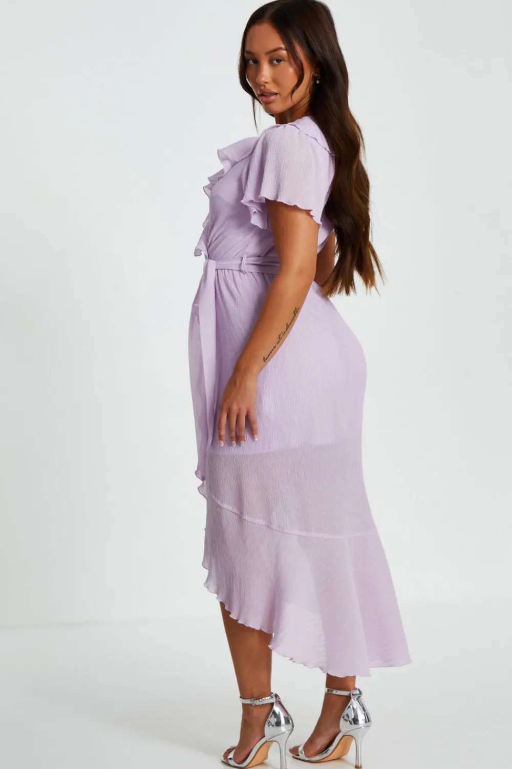 Quiz Summer Clothes|Wedding Guest Dresses>Petite Lilac Crinkle Frill Midaxi Dress