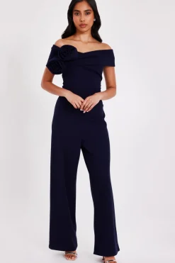 Quiz Occasion Jumpsuits|Evening Jumpsuits>Petite Navy Bardot Floral Corsage Jumpsuit
