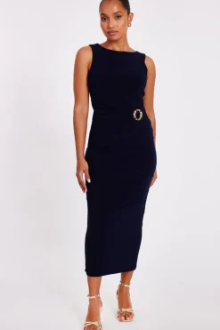 Quiz Day At The Races|Christening Guest>Petite Navy Buckle Detail Midi Dress