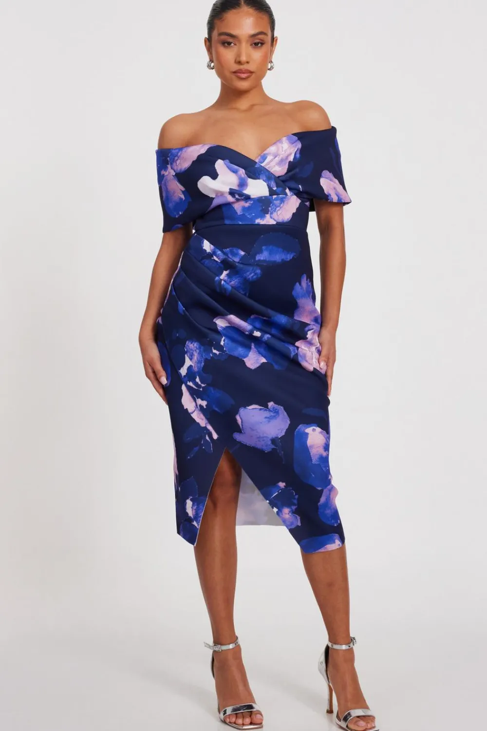 Quiz Day At The Races|Christening Guest>Petite Navy Floral Bardot Midi Dress