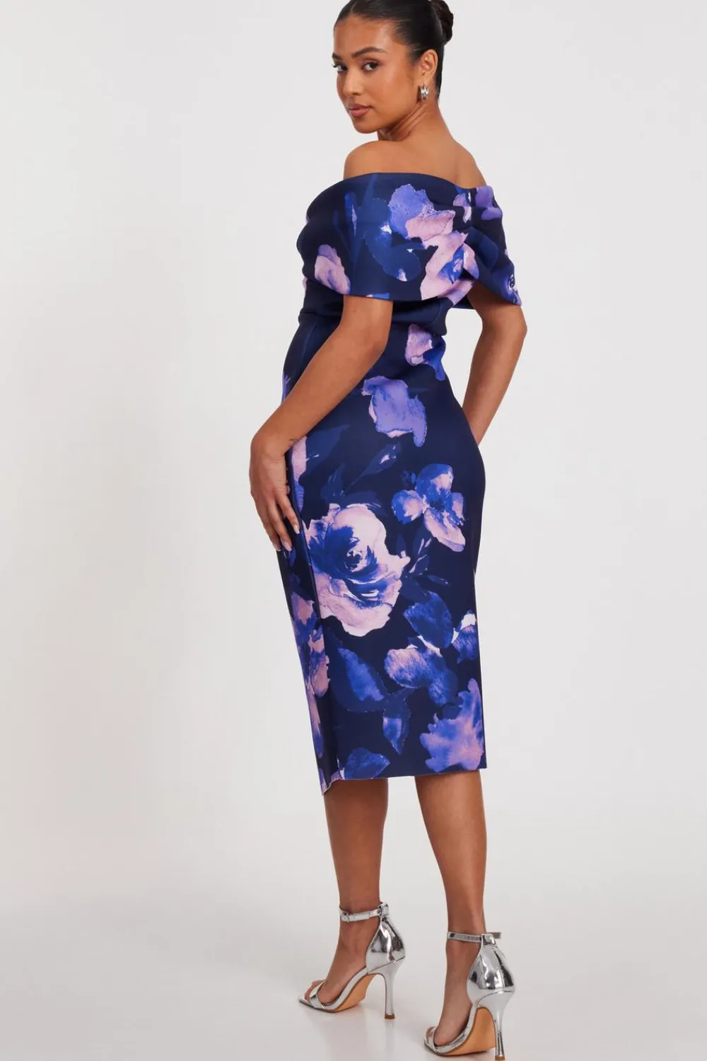 Quiz Day At The Races|Christening Guest>Petite Navy Floral Bardot Midi Dress