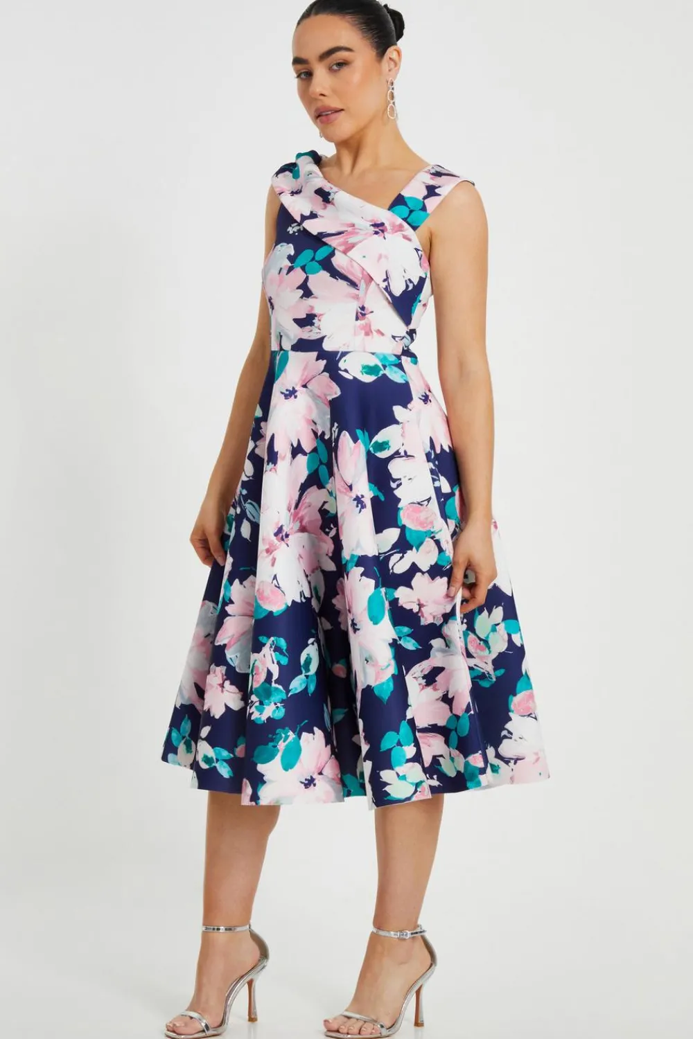 Quiz Day At The Races|Christening Guest>Petite Navy Floral Print Skater Dress
