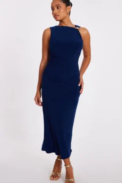Quiz Day At The Races|Christening Guest>Petite Navy Gold Buckle Midaxi Dress