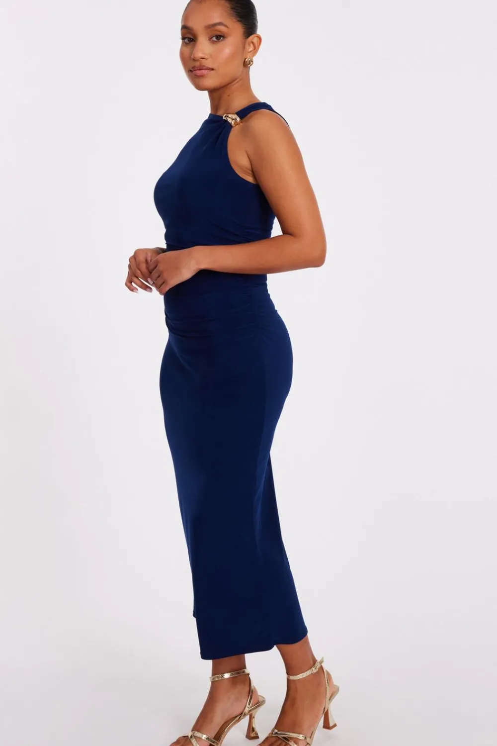 Quiz Day At The Races|Christening Guest>Petite Navy Gold Buckle Midaxi Dress