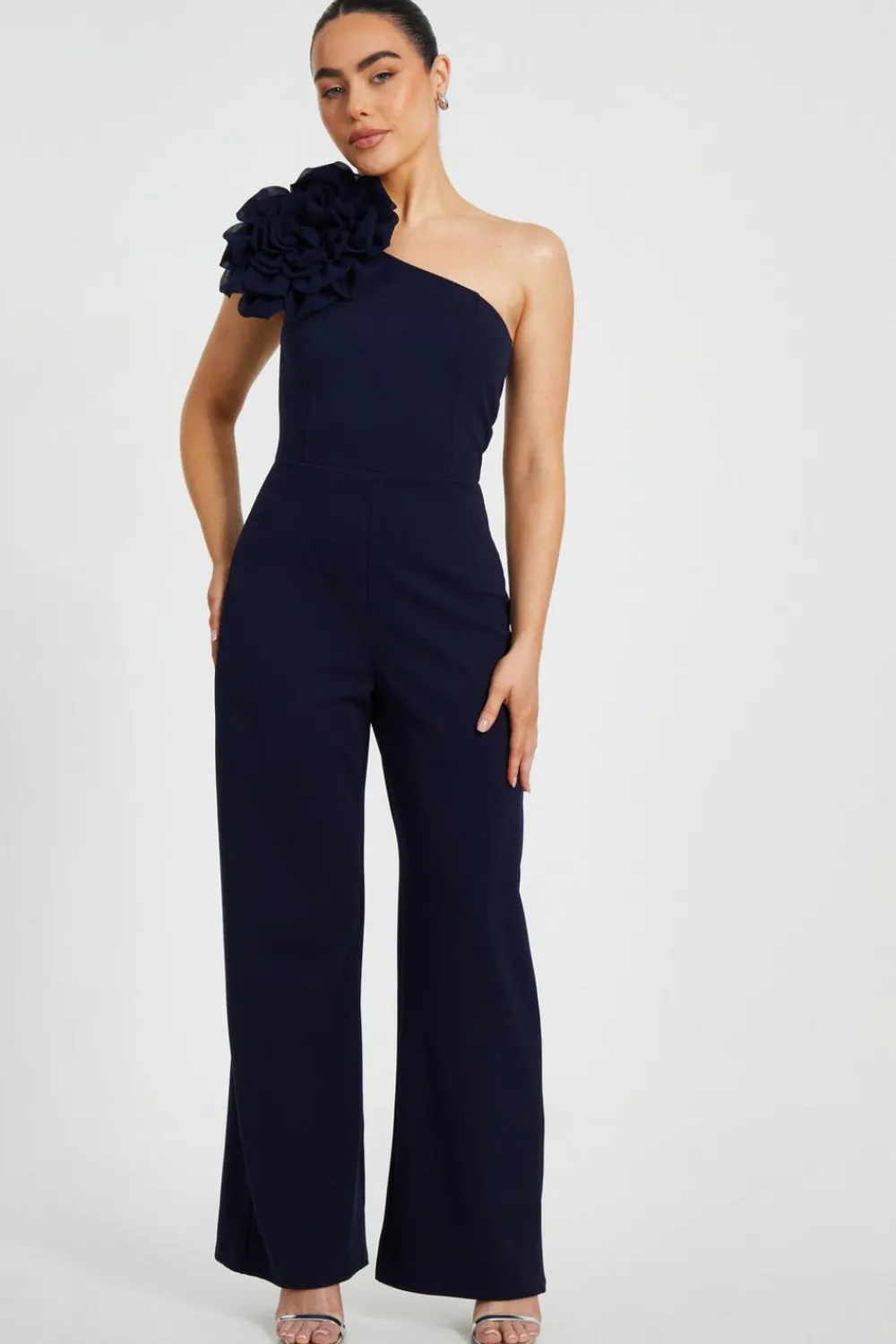 Quiz Occasion Jumpsuits|Evening Jumpsuits>Petite Navy One Shoulder Floral Jumpsuit