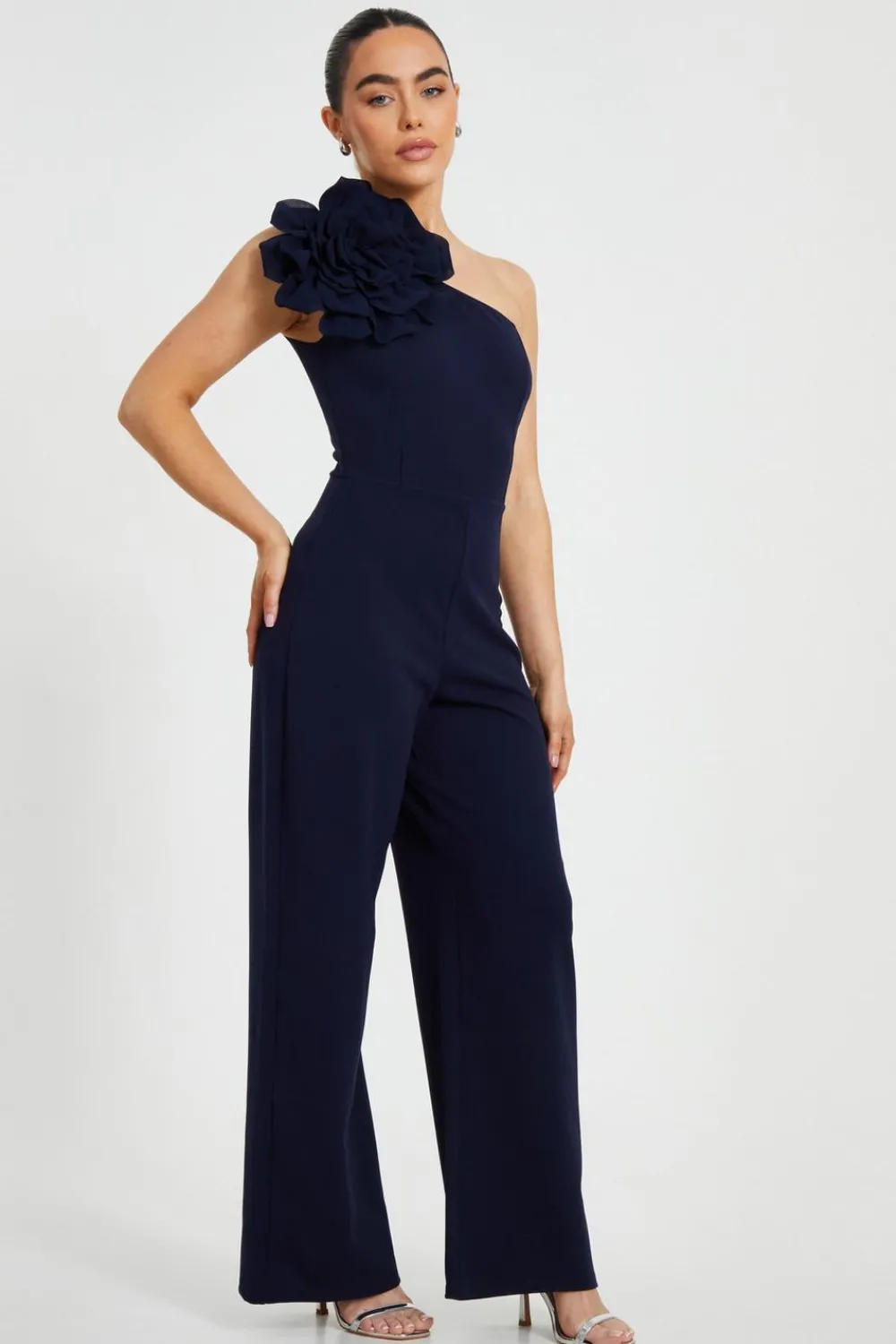 Quiz Occasion Jumpsuits|Evening Jumpsuits>Petite Navy One Shoulder Floral Jumpsuit
