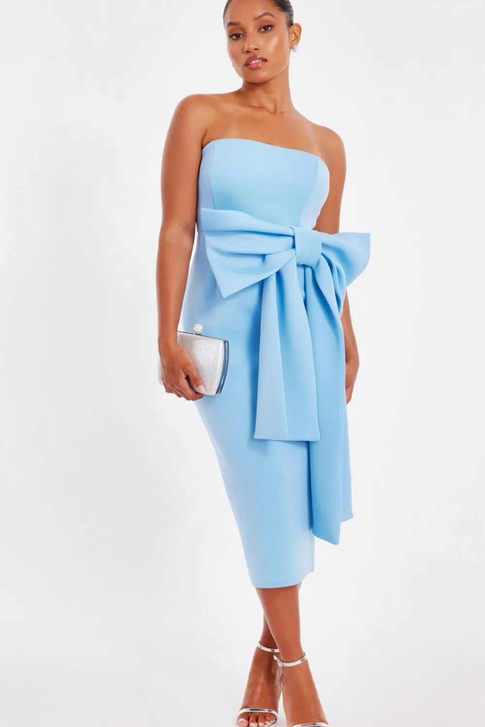 Quiz Day At The Races|Christening Guest>Petite Pale Blue Strapless Bow Midi Dress
