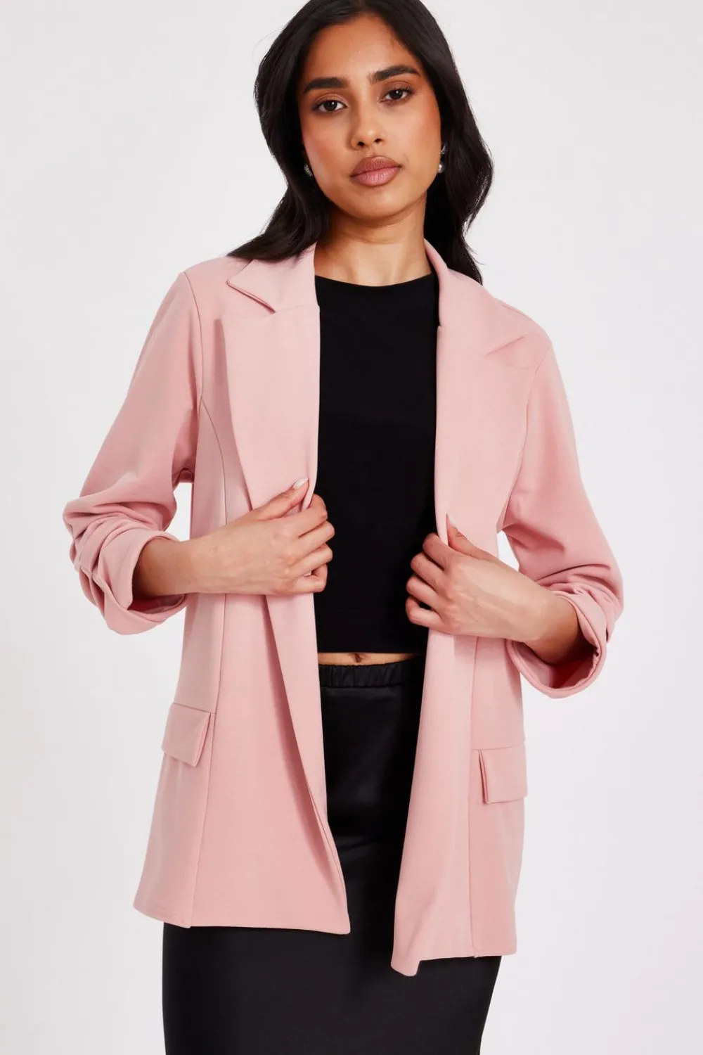 Quiz Workwear|Jackets & Coats>Petite Pink Ruched Sleeve Blazer
