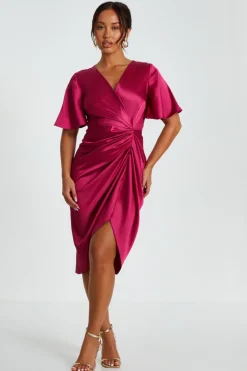 Quiz Wrap Dresses|Wedding Guest Dresses>Petite Raspberry Satin Ruched Wrap Midi Dress