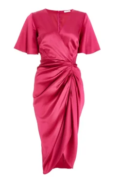 Quiz Wrap Dresses|Wedding Guest Dresses>Petite Raspberry Satin Ruched Wrap Midi Dress