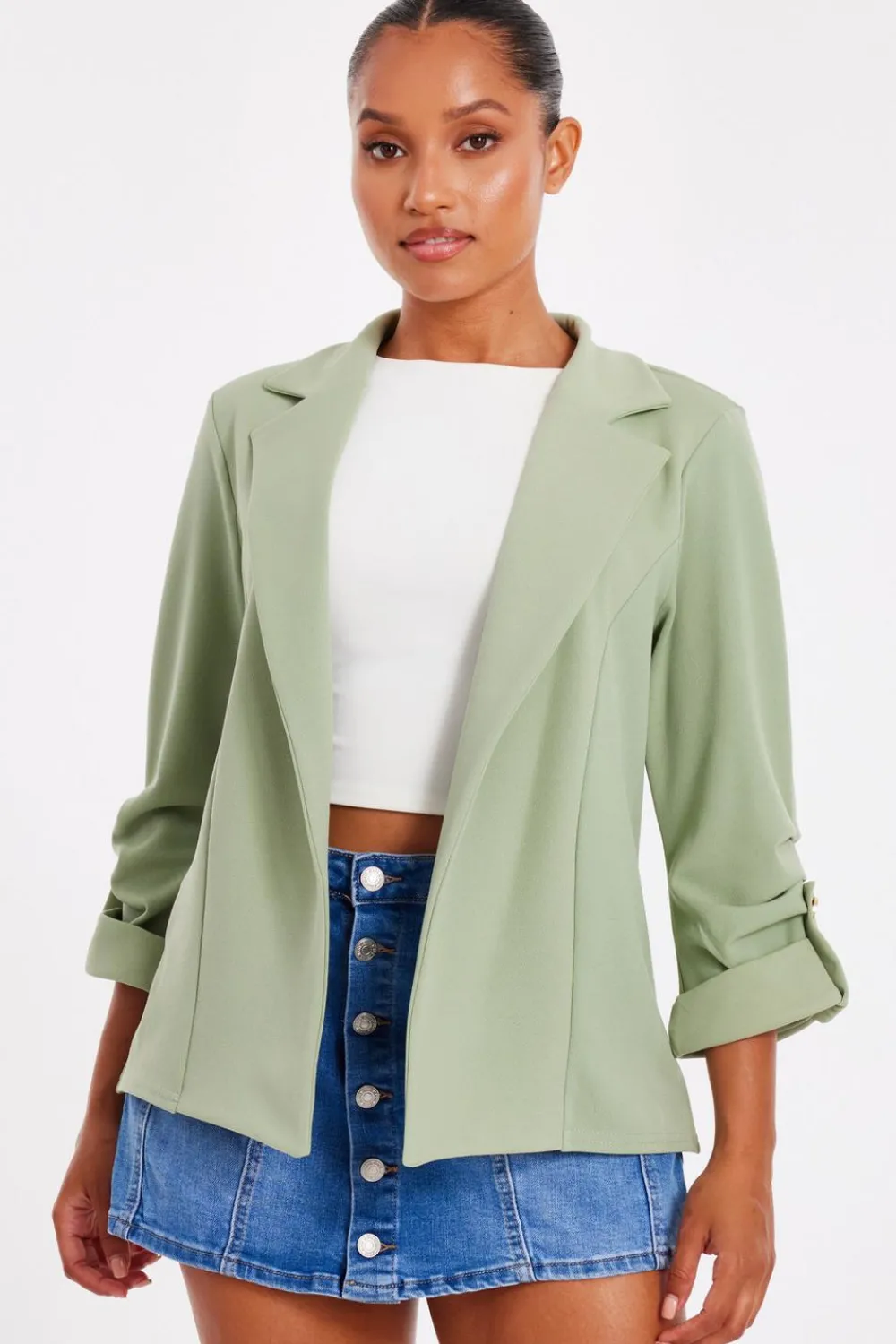Quiz Workwear|Summer Clothes>Petite Sage Ruched Sleeve Blazer