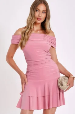 Quiz Summer Clothes|Holiday>Pink Bardot Ruched Mini Dress