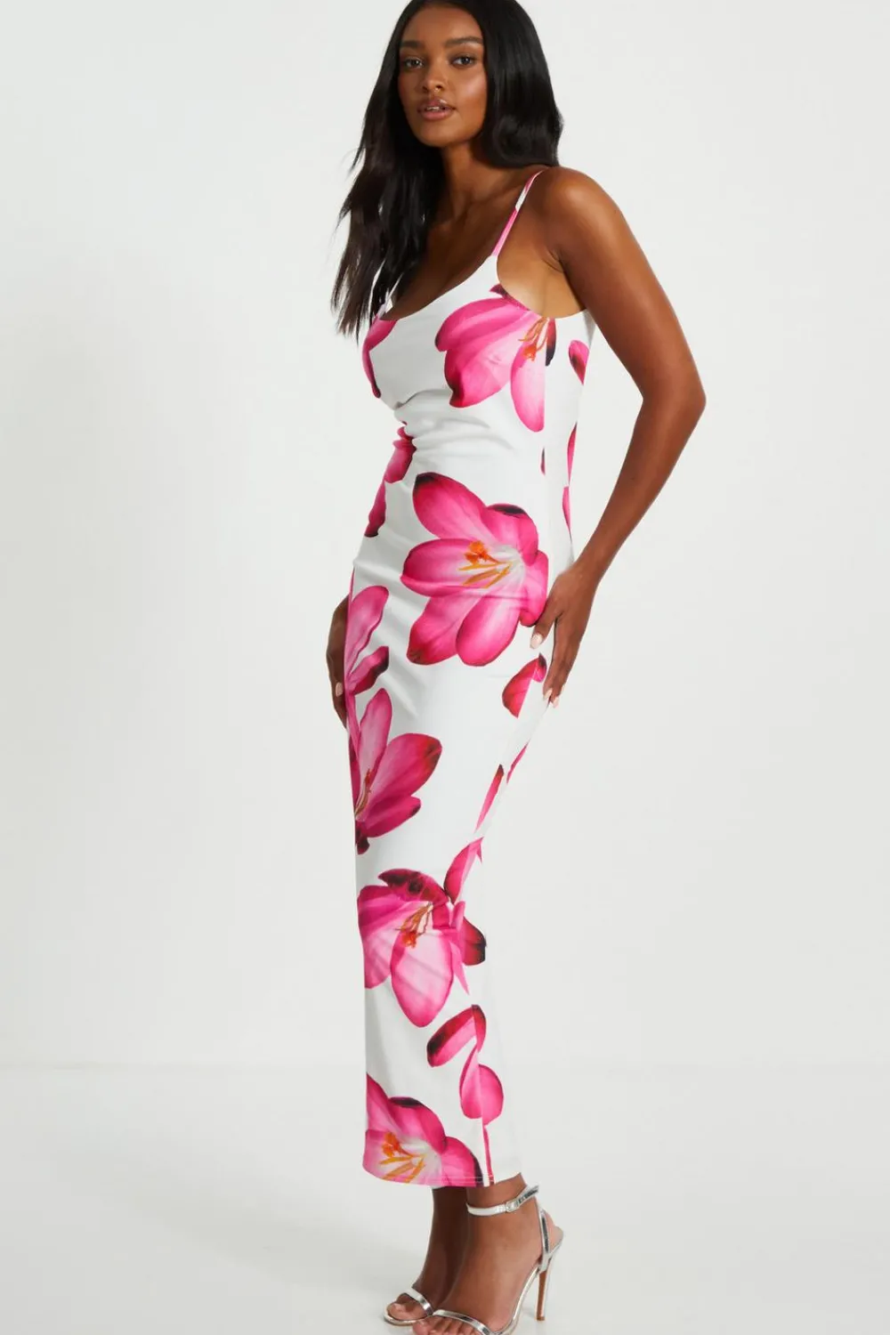 Quiz Summer Clothes|Wedding Guest Dresses>Pink Bold Floral Print Bodycon Maxi Dress